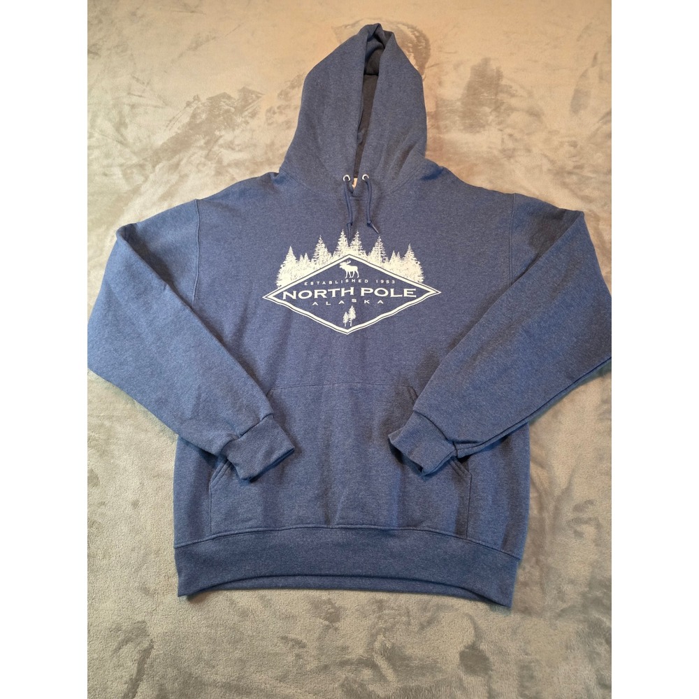 Jerzees Hoodie Mens Medium Blue North Pole Alaska Graphic Pullover Sweatshirt